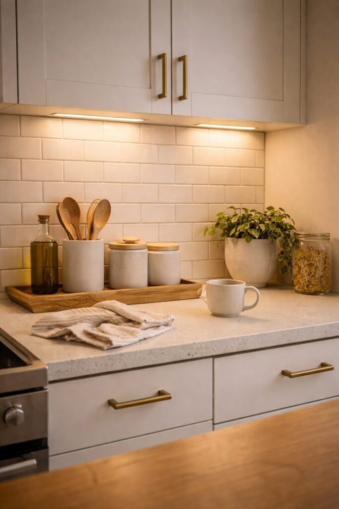 under cabinet peel and stick lighting strips adding warm glow in rental kitchen