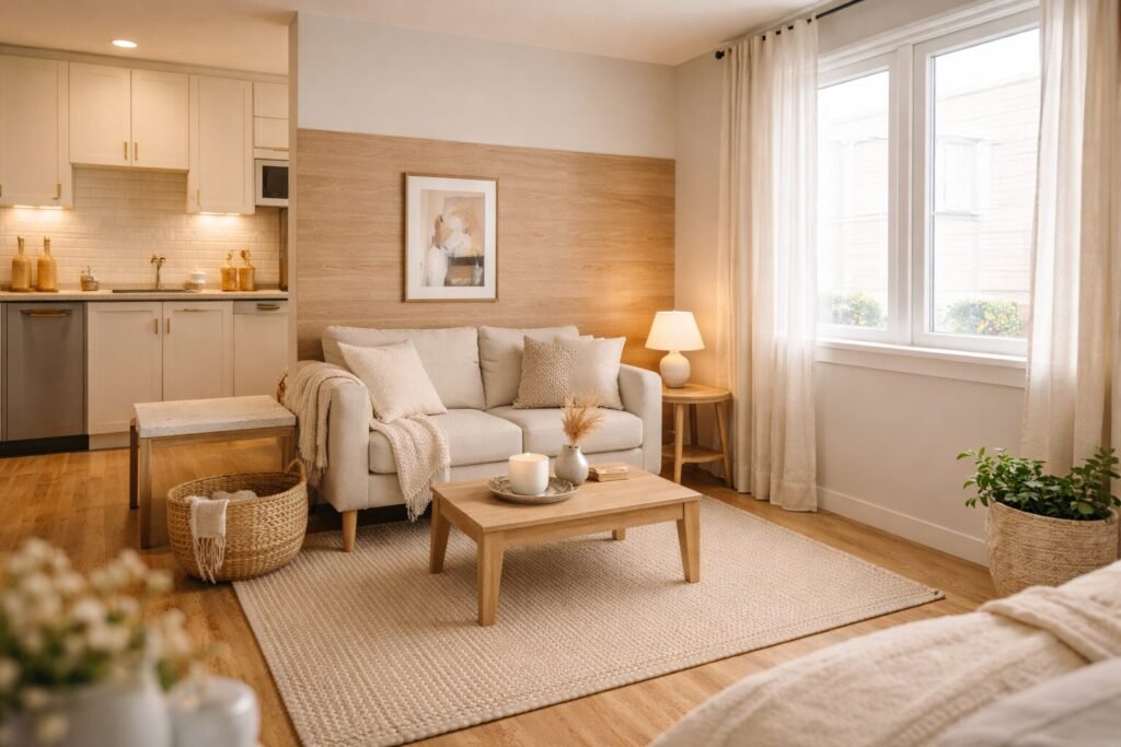 small rental apartment warmed up with peel and stick upgrades and neutral decor