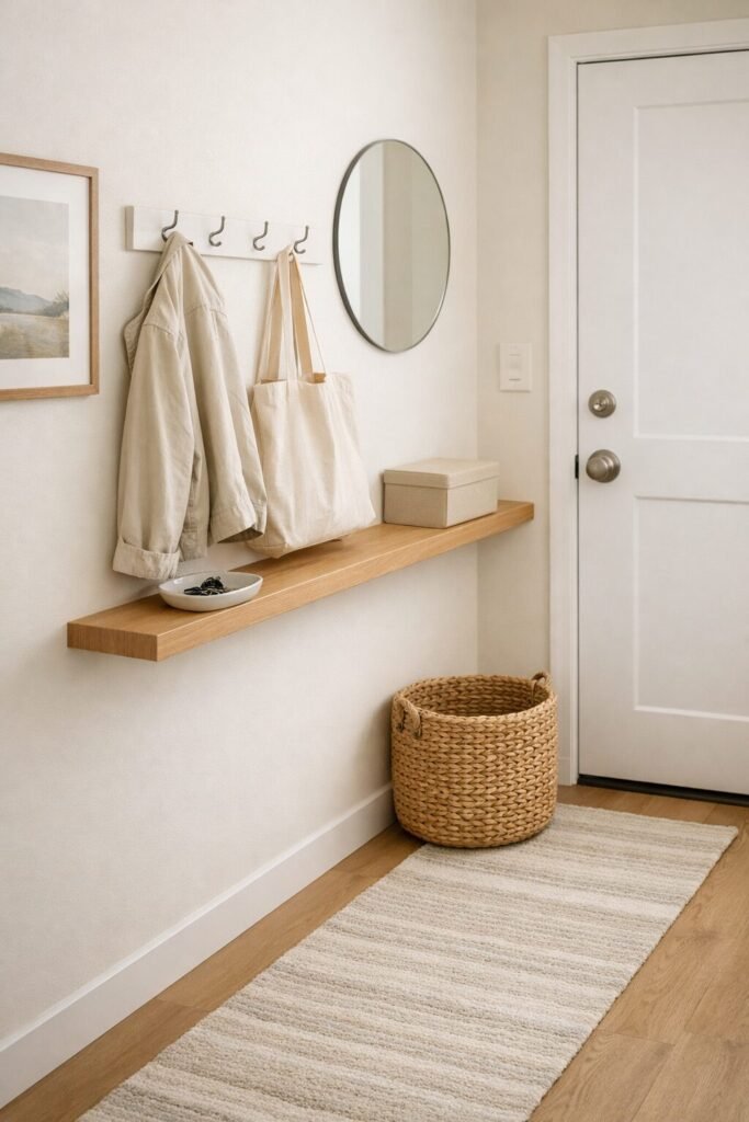 tiny entryway setup with wall hooks floating shelf round mirror basket and runner rug