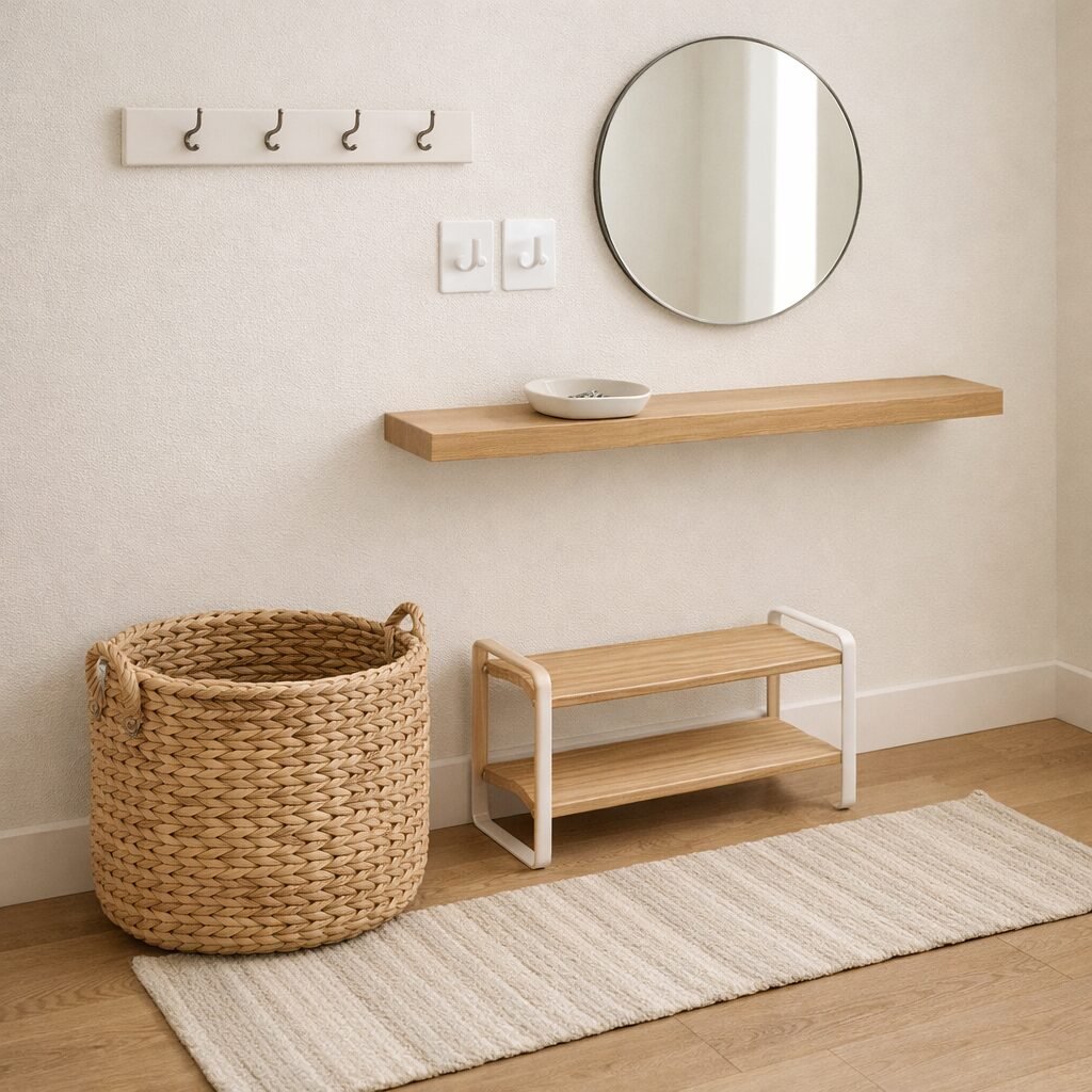 small entryway system with hanging hooks drop shelf and hidden shoe storage