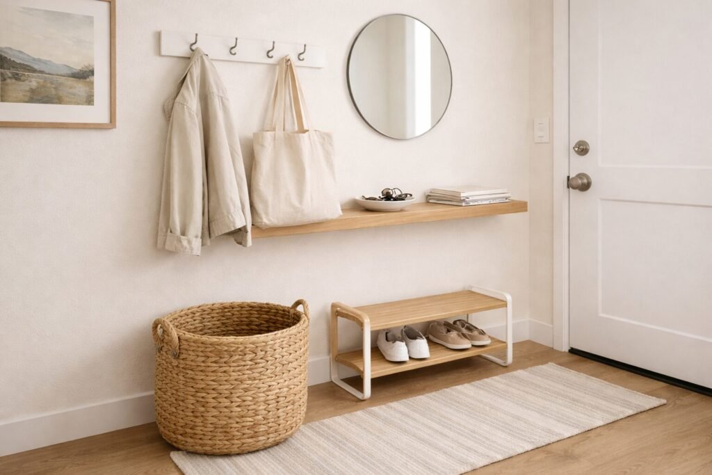 tiny entryway with mirror wall sconce and floating shelf for a brighter look