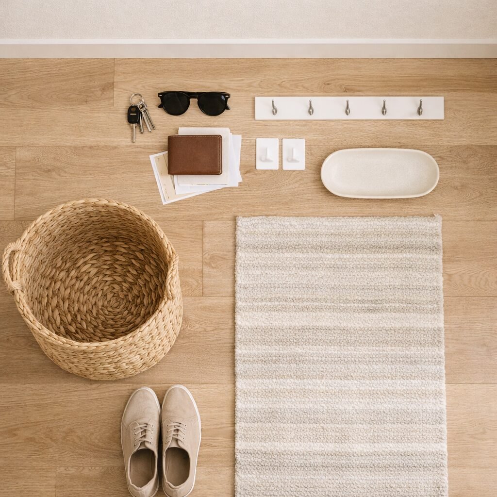 tiny entryway essentials flat lay with basket rug hooks tray keys and shoes