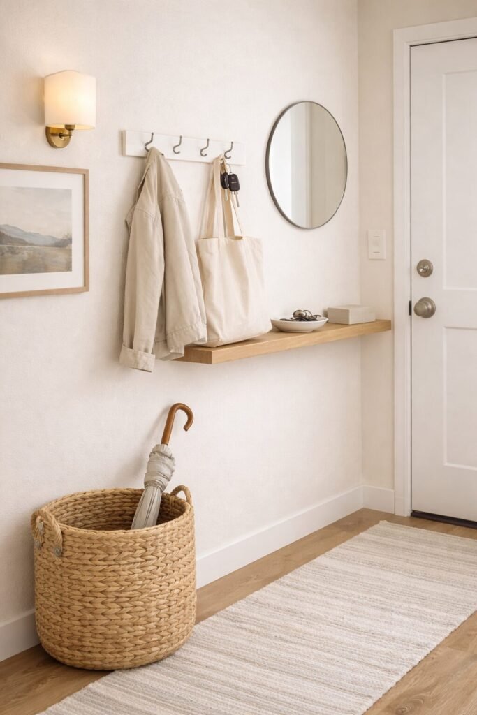 tiny entryway with wall hook rail floating shelf tray and round mirror