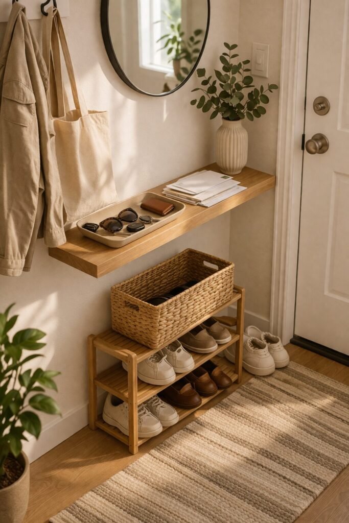 low profile shoe storage and woven basket in a tiny apartment entryway
