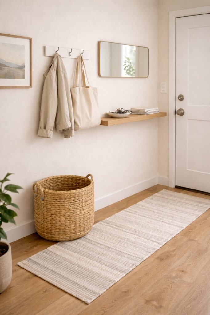 minimal tiny entryway with floating shelf wall hooks basket and neutral rug