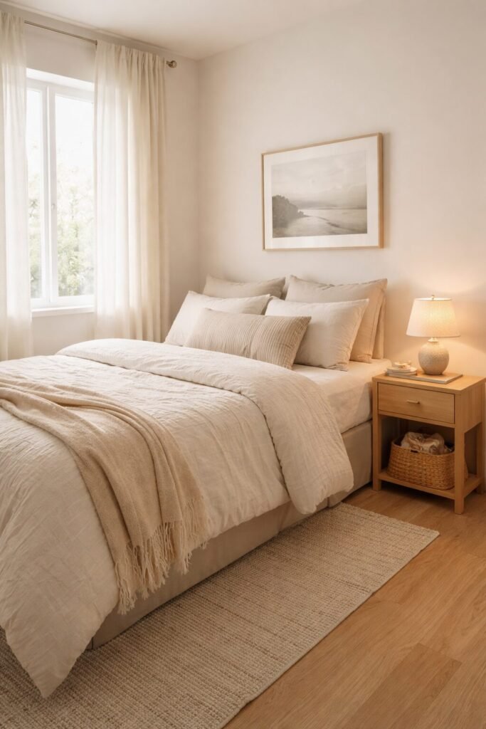 small bedroom styled with warm neutral bedding wood nightstand and soft curtain light