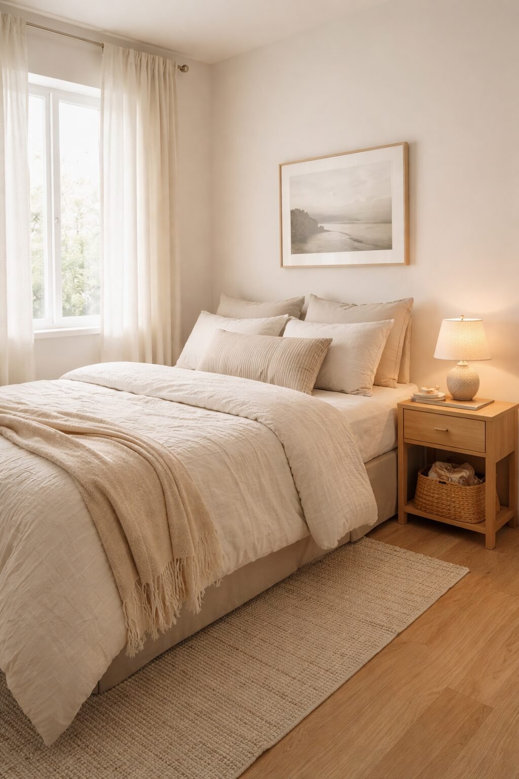 small bedroom styled with warm neutral bedding wood nightstand and soft curtain light