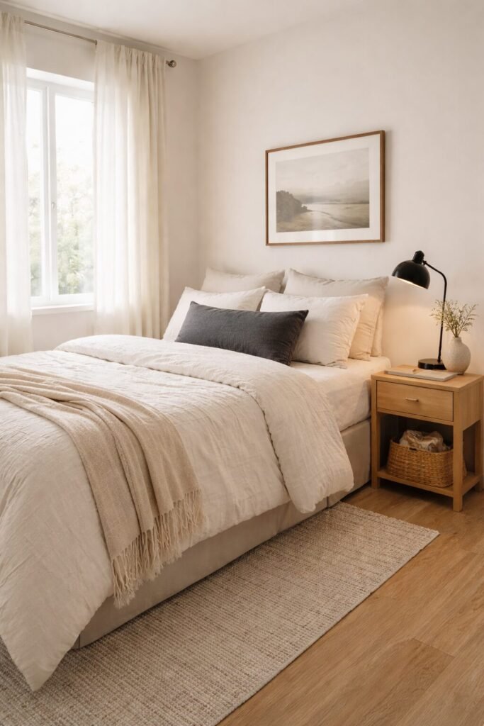 small bedroom with soft neutral bedding and one dark accent pillow and black lamp