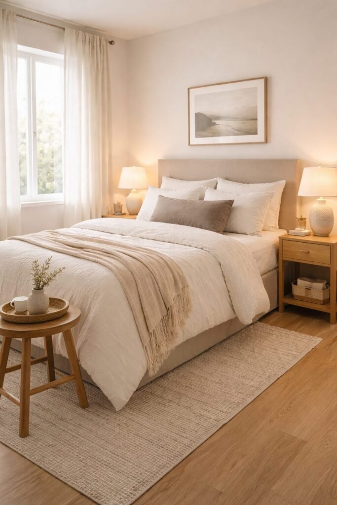 hotel inspired small bedroom with upholstered headboard matching lamps and warm neutral bedding