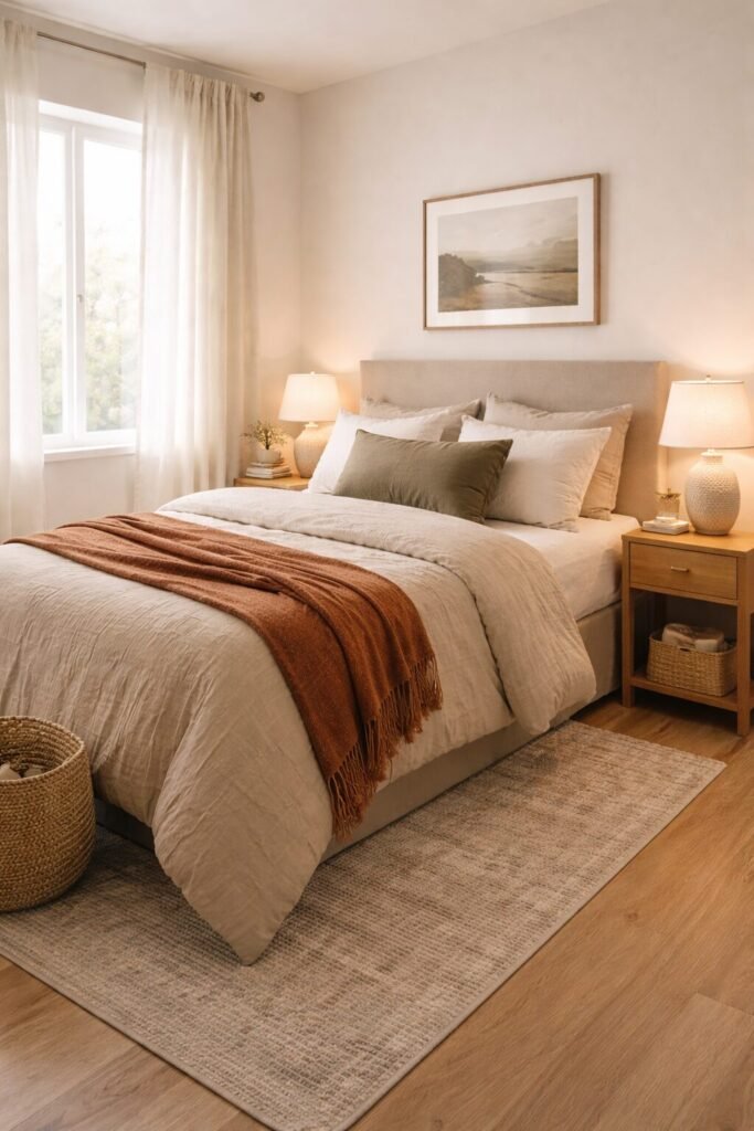 small bedroom with earthy olive pillow rust throw and warm neutral bedding