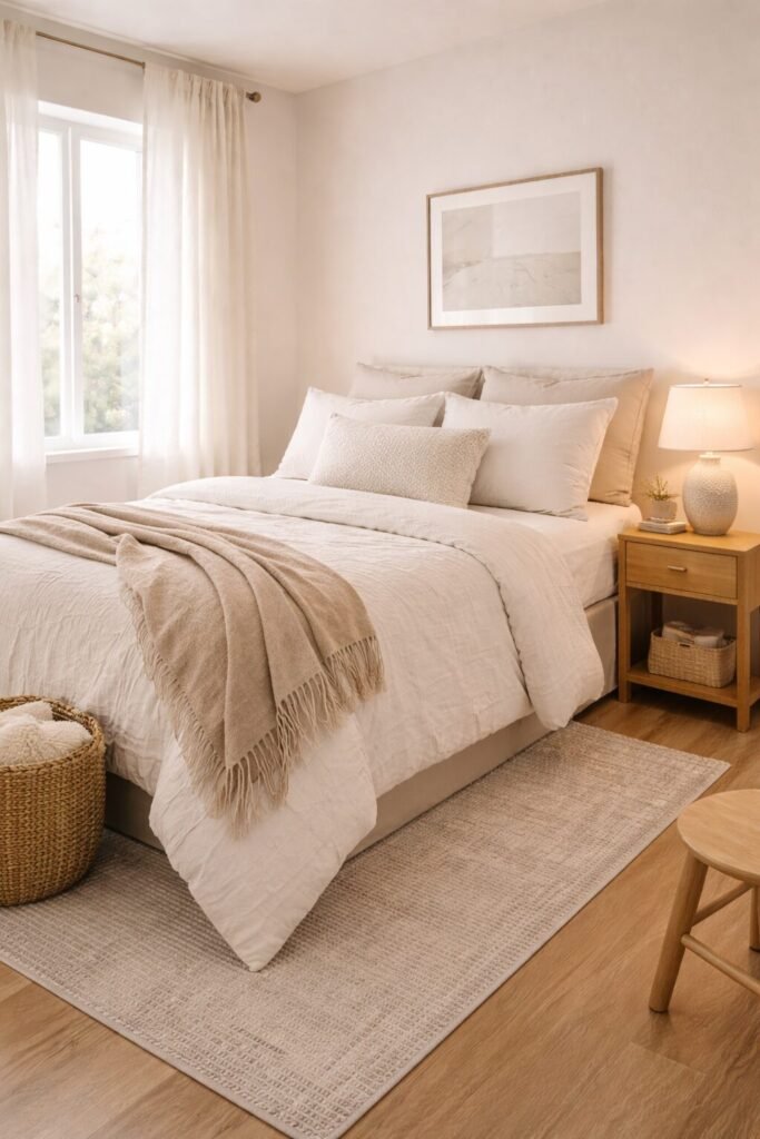 Image Prompt

Photorealistic editorial interior image of a layered white bedroom with rich texture, styled in a cozy, texture-forward Get the Look approach that creates warmth and dimension through materials rather than bold color. Show a compact bedroom corner in portrait orientation from a slightly elevated angle with a 35mm editorial lens feel, creating a soft, balanced composition that reveals the bed and surrounding accents with natural perspective and realistic apartment-scale proportions. The focal point is a beautifully made bed layered in white and cream bedding, featuring a puckered coverlet, a linen sham, and a boucle cushion that together create tactile depth and quiet visual richness while keeping the palette light and serene. Add a soft taupe throw draped casually for subtle tonal contrast and warmth without breaking the airy feel. Surround the bed with a woven basket for natural texture, a ceramic lamp with a softly sculptural form, a light-toned rug underfoot, linen curtains filtering daylight, a matte ceramic vase, a small stool, and a framed abstract print that adds understated structure to the wall. Style the room with editorial restraint and layered coziness, using subtle foreground, midground, and background cues and intentional negative space so the compact bedroom feels dimensional, calm, and uncluttered. Emphasize material realism throughout: crisp but soft linen, puckered quilt texture, boucle detail, woven natural fibers, matte ceramic surfaces, soft curtain drape, and lightly textured rug fibers. Use bright airy lighting with soft daylight, gentle highlights, and clean soft shadows, creating a fresh Pinterest-friendly atmosphere that still feels warm, inviting, and lived in. Keep the palette centered on white, cream, soft taupe, light oatmeal, warm ivory, and pale natural textures for a cohesive, high-end but approachable small-space look. Magazine-quality styling, ultra-detailed realistic textures, sharp focus, balanced exposure, organized surfaces, realistic compact proportions, clean geometry, practical small-space decor, no oversized luxury scale, no clutter explosion, no warped furniture, no distorted objects, no surreal details, no cold sterile staging. No text, no readable words, no logos, no watermarks, no brand names, no copyrighted characters, no celebrity likeness.
