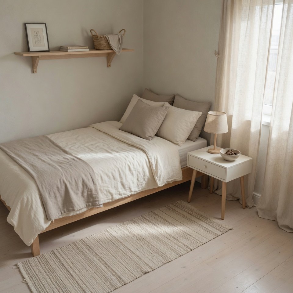 low profile airy small bedroom with floating shelf neutral bedding and visible floor space