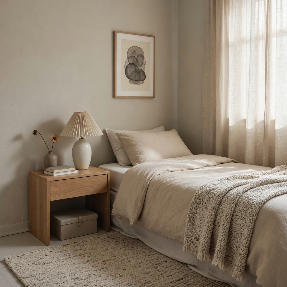 minimal small bedroom with soft neutral bedding simple nightstand and calm styling