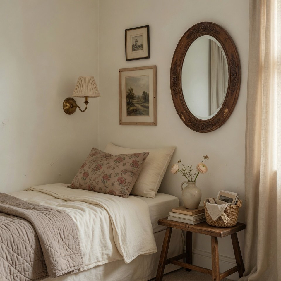 small vintage style bedroom with floral pillow antique mirror and wall sconce