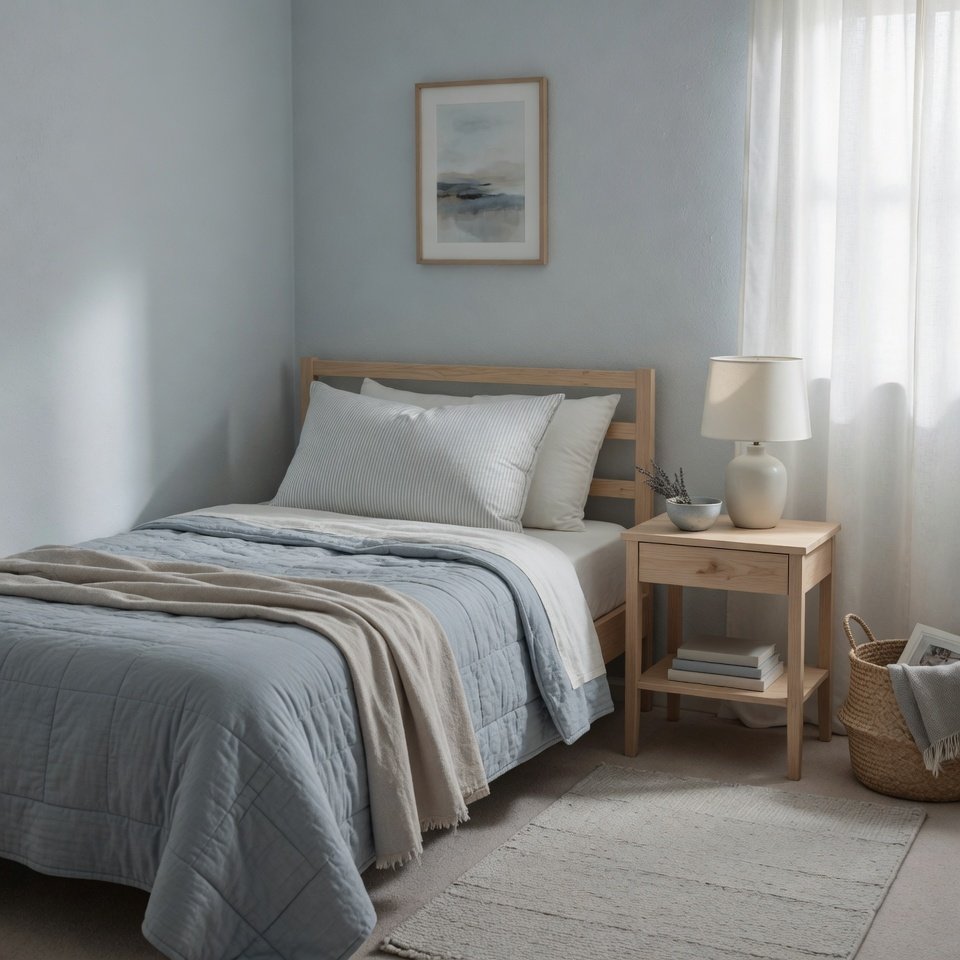 small bedroom with tonal blue bedding light wood furniture and soft neutral accents