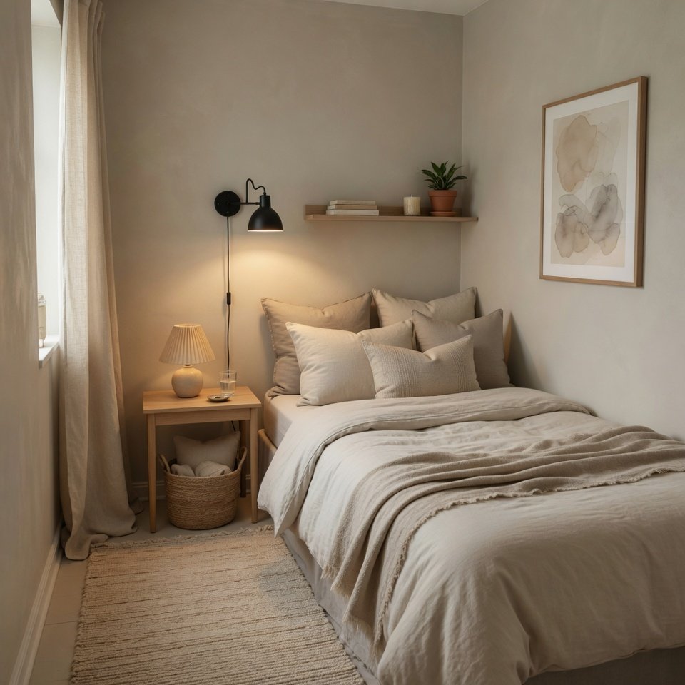 cozy corner bed setup in a small bedroom with wall sconce floating shelf and layered pillows